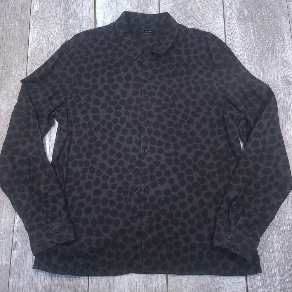 AllSaints Wakala Button Up Shirt Mens XXL Black Long Sleeve Animal Print Cotton